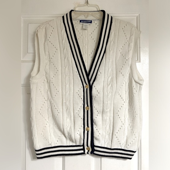 Pendleton Sweaters - Vintage 1990’s  Pendleton white cable knit varsity stripe sweater vest in size M